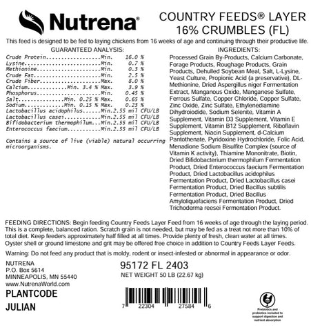 Nutrena® Country Feeds® Layer Feed 16% Protein Crumble 50 lbs