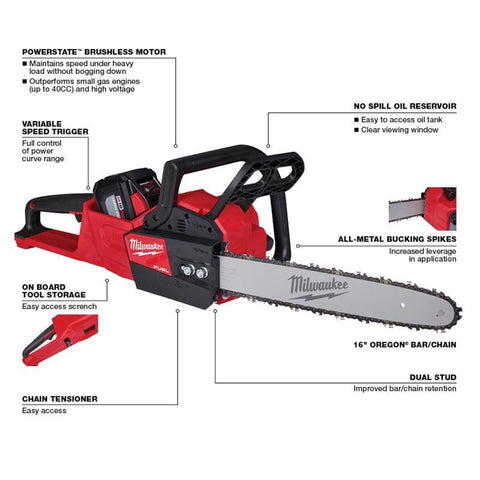 Milwaukee Cordless Low Profile Chainsaw Kit, 16"