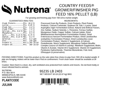 Nutrena® Country Feeds® Grower/Finisher Pig Feed 16% Pellet 50 lbs