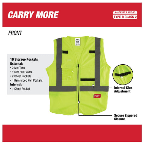 Milwaukee Safety Vest, Polyester, High Visibility Yellow, L/XL