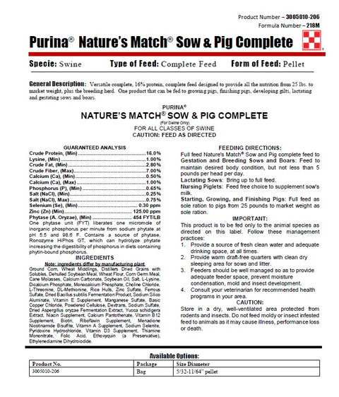 Purina® Nature’s Match® Sow & Pig Complete Feed, 50 lb