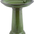ESSCHERT DESIGN CERMIC BIRDBATH ON PEDESTAL W/BIRD  GREEN