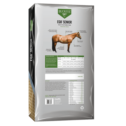 Buckeye Nutrition EQ8 Senior Gut Health Multi-Textured Feed 50 lb Bag - Back Panel & Feeding Guide