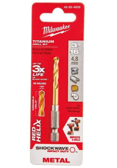 Milwaukee SHOCKWAVE Impact Duty Titanium Drill Bits, RED HELIX, 3/16"
