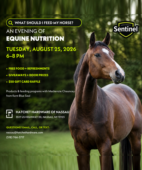 An Evening of Equine Nutrition — Tuesday, August 25, 2026, 6–8pm at Hatchet Hardware of Nassau
